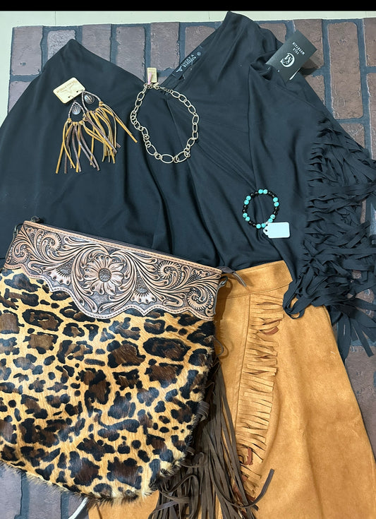 Leopard fringe purse large